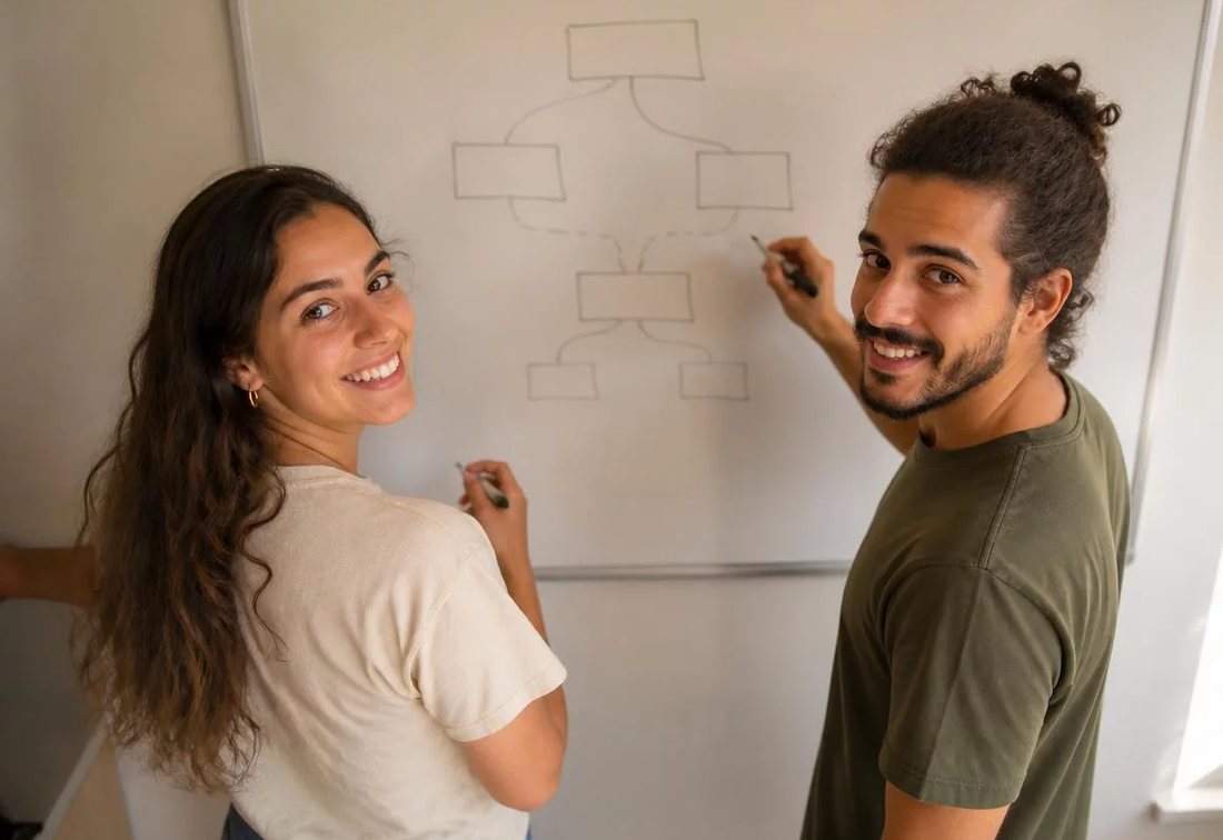 Dupla desenhando no quadro branco a estrutura de uma tese